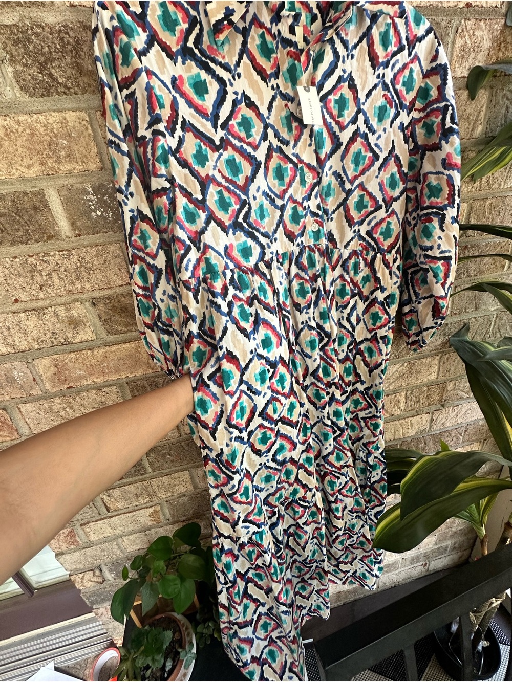 NWT Anthro Midi Dress inGeometric pattern. Button down long sleeve cotton - Picture 6 of 10